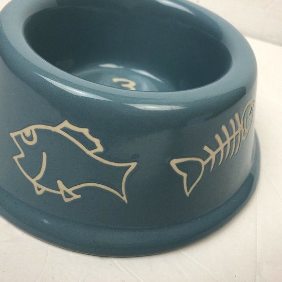 Cat Bowl Dish Food Water Blue Fish Bone Meow Ceramic - Picture 8 of 8